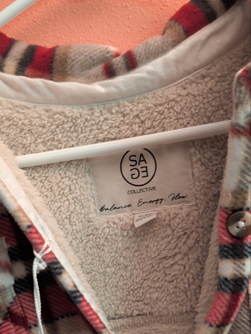 Plaid Hooded Jean Jacket in Cream, Red & Brown - Picture 3 of 7